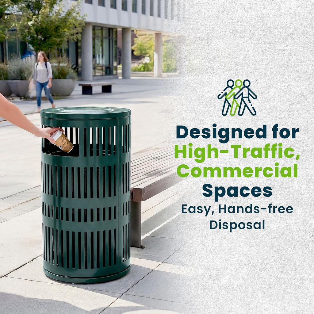 Alpine 40 Gallon Commercial Outdoor Trash Can with Lid, Weather Resistant, Locking Steel Waste Receptacle with Pull-Out Liner, Heavy Duty Galvanized Garbage Bin for Parks, Schools, City Streets- Green