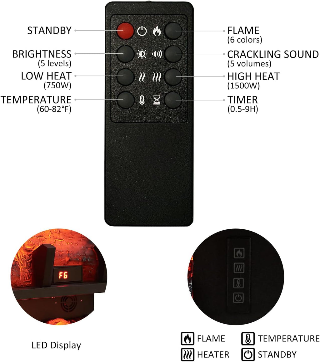 PuraFlame 24" Free Standing Electric Fireplace Log Set Insert, 750W/1500W Heater, 6 Flame Colors with 5 Brightness, Crackling Sound, Remote Control