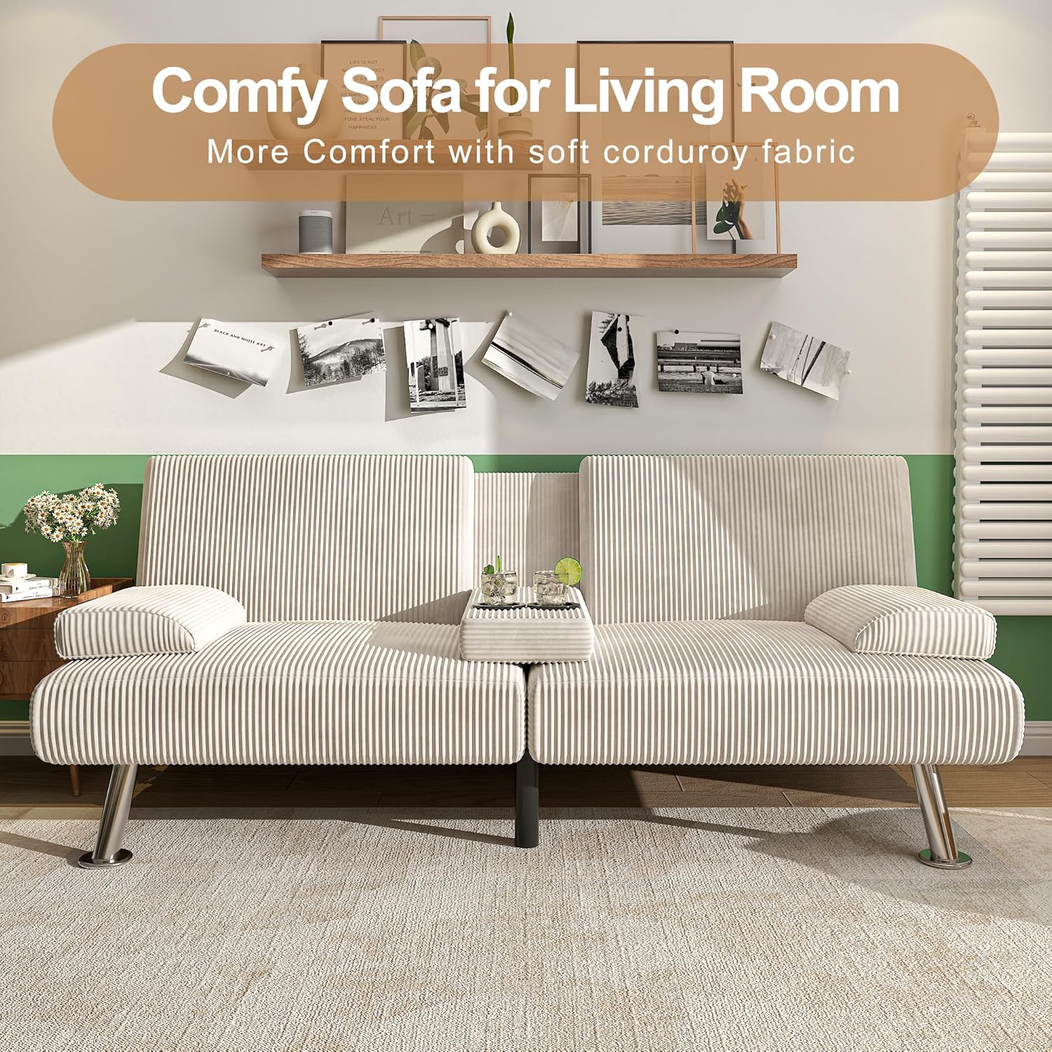 Shahoo Modern Upholstered Convertible Folding Futon Sofa Bed with Removable Armrests, Metal Legs, 2 Cup Holders for Living Room, Beige