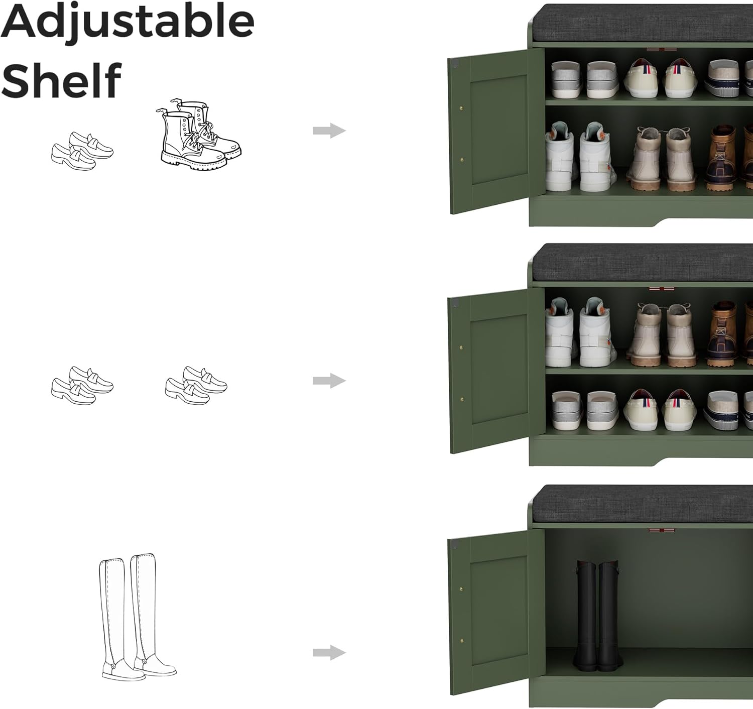Homleke 2-Tier Storage Bench, Shoe Bench with Thickened Padded Seat Cushion, Entryway Bench with 4 Doors, Adjustable Shelf, 13.8" D x 45.3" W x 18.5" H, for Entryway, Living Room, Bedroom, Green