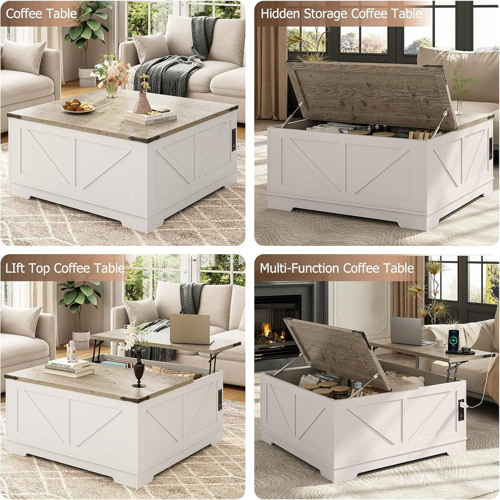 EAG 40" Large Farmhouse Lift Top Coffee Table with Hidden Compartment & Power Outlets, Square Wooden Coffee Table with Multi-Function Flip-Top Ample Storage Center Table for Living Room, White