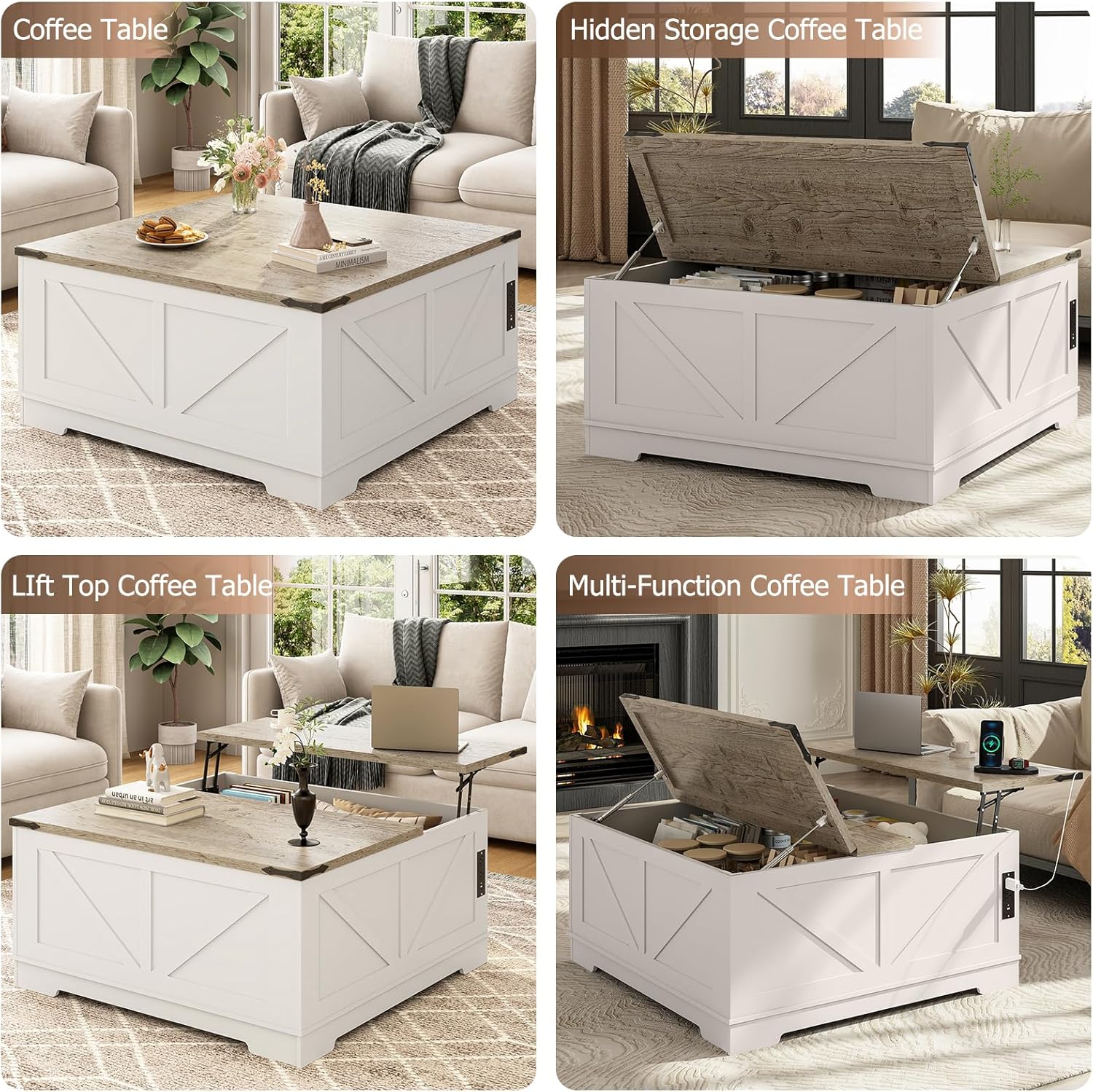EAG 40" Large Farmhouse Lift Top Coffee Table with Hidden Compartment & Power Outlets, Square Wooden Coffee Table with Multi-Function Flip-Top Ample Storage Center Table for Living Room, White