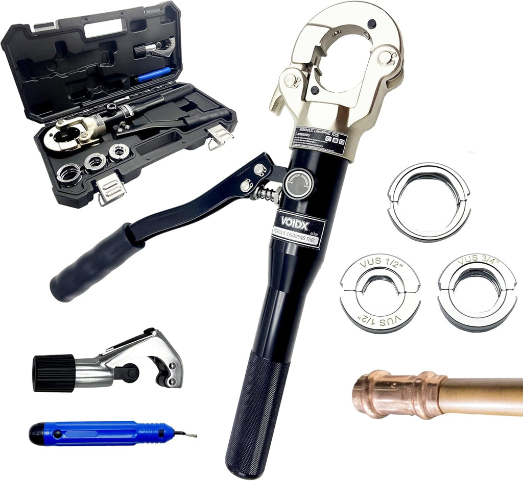 VOIDX Hydraulic Crimping Tool Propress Crimper for Copper Pipe Fittings with 1/2 3/4 1 Inch Jaws Works in Narrow Spaces and on Straight Bend Fittings Includes Carrying Case