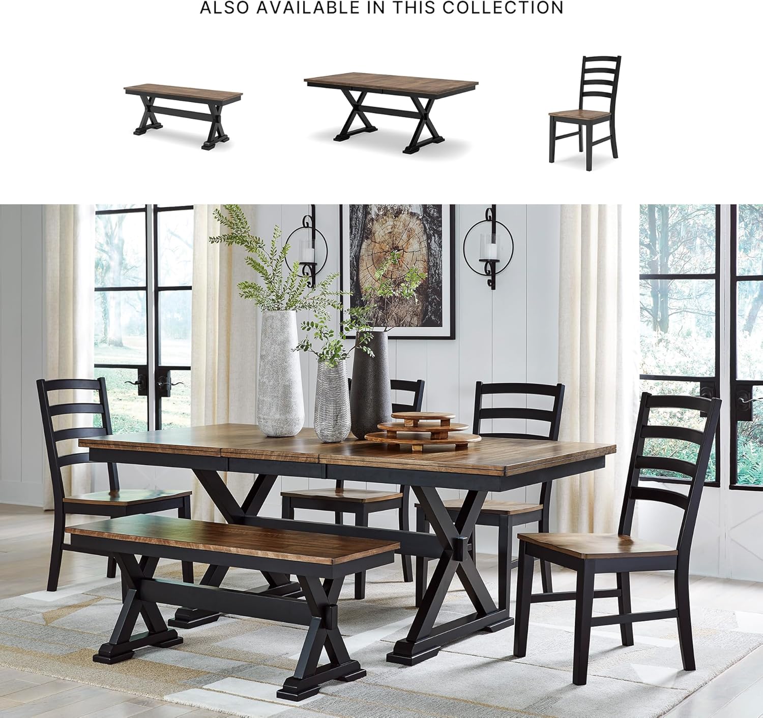 Signature Design by Ashley Wildenauer Farmhouse 50" Dining Bench, Dark Brown & Black