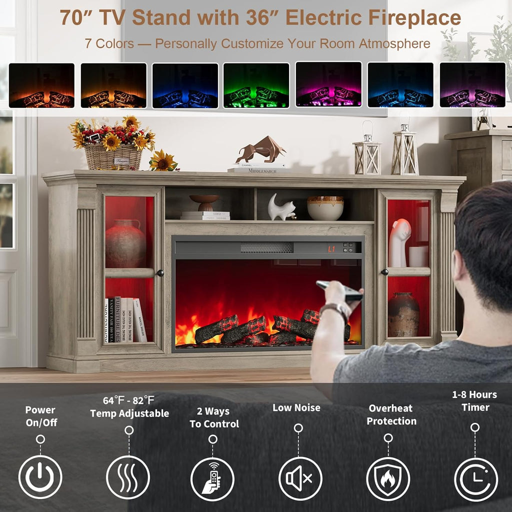 Farmhouse Fireplace TV Stand Up to 80" TVs, 70" Modern Highboy Entertainment Center with 36" Electric Fireplace & LED Lights, Media Console with Adjustable Shelves for Living Room, Gray