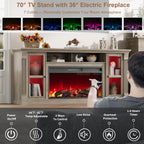 Farmhouse Fireplace TV Stand Up to 80" TVs, 70" Modern Highboy Entertainment Center with 36" Electric Fireplace & LED Lights, Media Console with Adjustable Shelves for Living Room, Gray