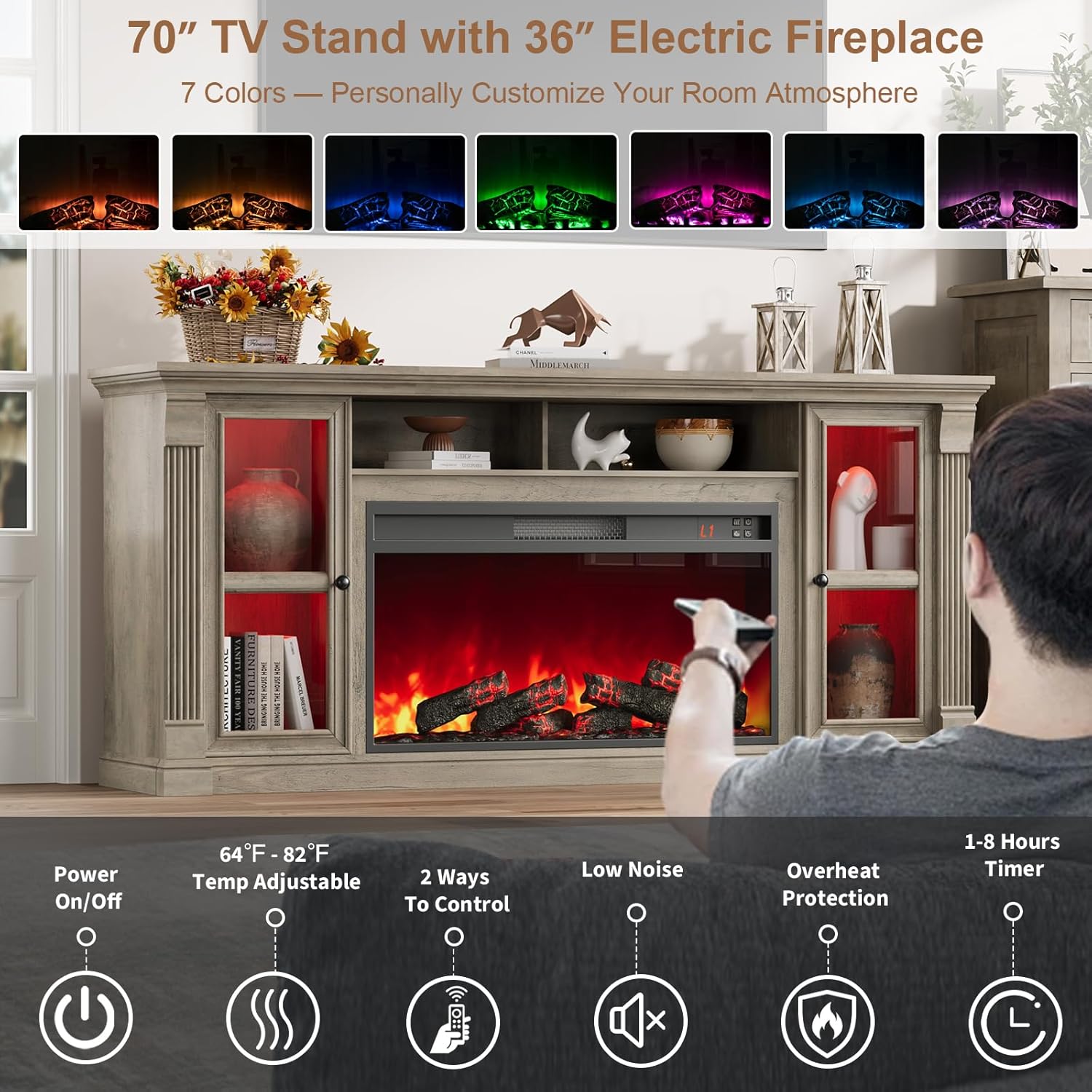 Farmhouse Fireplace TV Stand Up to 80" TVs, 70" Modern Highboy Entertainment Center with 36" Electric Fireplace & LED Lights, Media Console with Adjustable Shelves for Living Room, Gray