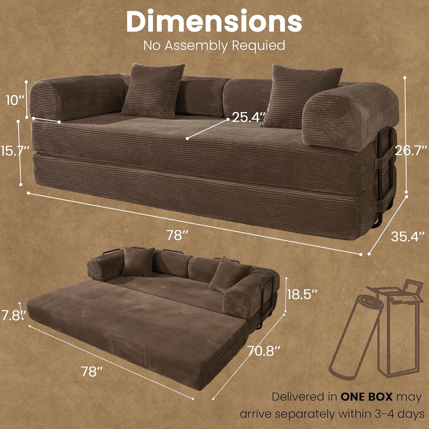 Convertible Sleeper Sofa Bed, 78" Corduroy Foldable Boneless Modular Couch, Memory Foam Compressed Sofa in A Box W/Plush Fabric Comfy Floor Lounge Couch for Living Room Apartment Bedroom, Brown