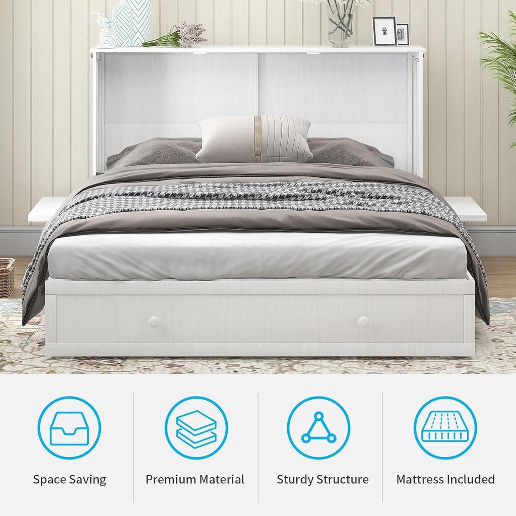 Mjkone Murphy Bed Queen Cabinet, Cube Cabinet Bed with Tri-Folding Mattress, Foldable Panel, Hidden Murphy Chest Beds with 2 Storage Drawers & USB Charging Station for Living Room Office, White