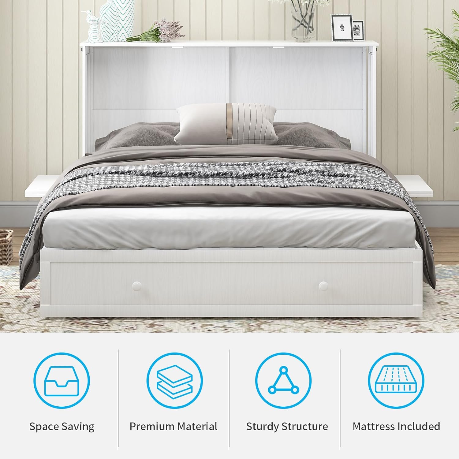 Mjkone Murphy Bed Queen Cabinet, Cube Cabinet Bed with Tri-Folding Mattress, Foldable Panel, Hidden Murphy Chest Beds with 2 Storage Drawers & USB Charging Station for Living Room Office, White