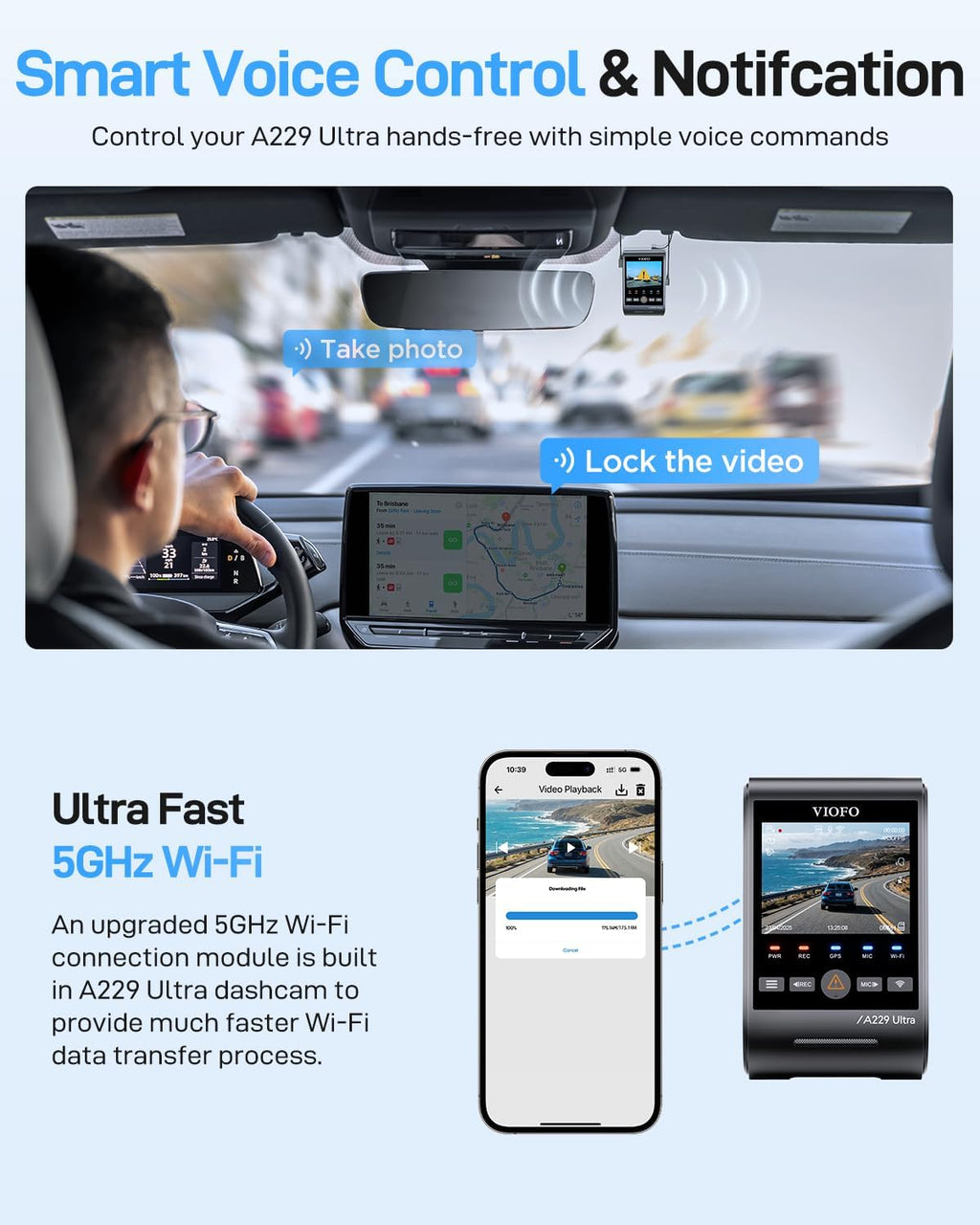 VIOFO A229 Ultra 2CH Dual 4K Dash Cam Front and Rear  Dual STARVIS 2 IMX678 Sensors & 2-Channel 4K HDR  Faster 5GHz Wi-Fi & Precise GPS Car Camera  Voice Control  Super Night Vision 2.0