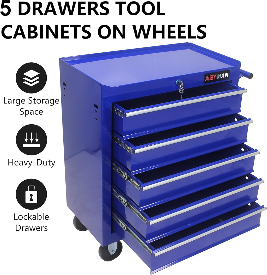 RYH 5 Drawers Rolling Tool Chest & Tool Box on Wheels | Heavy Duty Metal Cart with Ball Bearing Drawers | Fits US General Tool Box for Garage Storage (Blue, 5 Drawers（29.9" H × 24.2" W × 12.9" D)