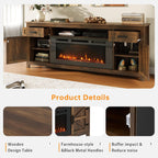Fireplace TV Stand, 70" Farmhouse TV Stand with Barn Door for 80" TVs, Entertainment Center with Black Fireplace & Storage, Brown
