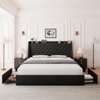 Feonase Upholstered Queen Size Bed Frame with 4 Storage Drawers, Storage Bed with Charging Station, Large Wingback Headboard, No Box Spring Needed, Black
