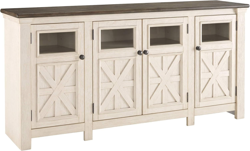Signature Design by Ashley Bolanburg Extra Large TV Stand, Fits TVs up to 72", 3 Cabinets, Adjustable Storage Shelves, 74.13", Whitewash & 2-Tone Finish