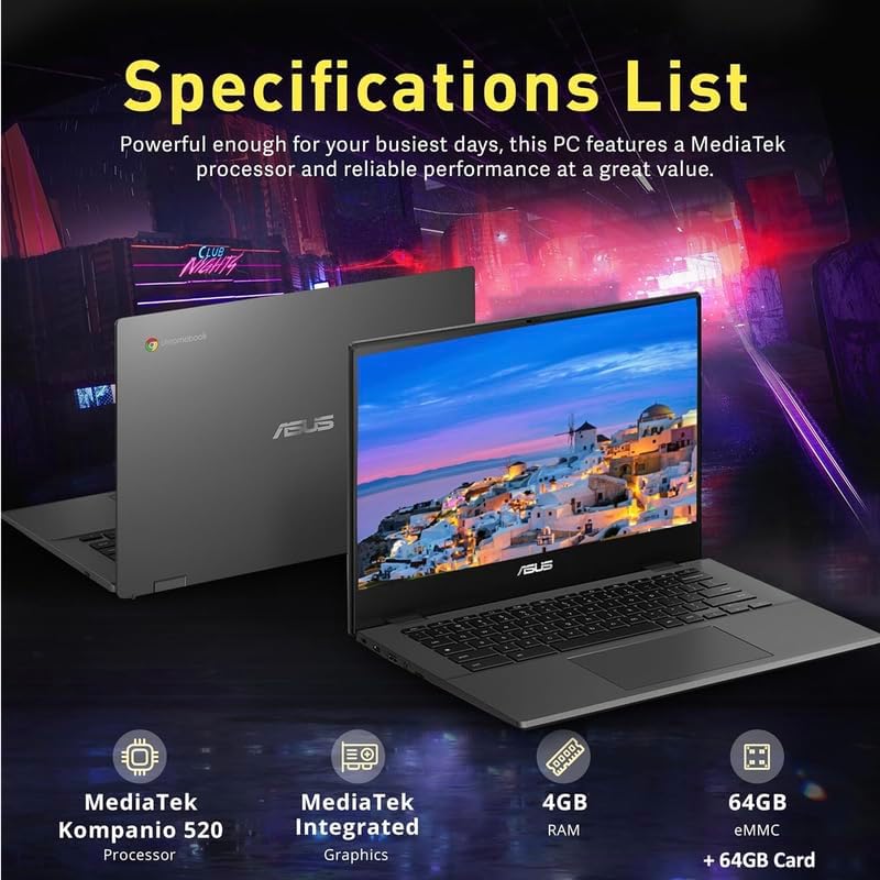 ASUS Chromebook Laptop Student Business 2024  14" FHD Anti-Glare Display  8-Core MediaTek Kompanio 520  4GB RAM  128GB (64GB eMMC+64GB Card)  Webcam  WiFi  15+ Hrs Battery  Chrome OS +HubxcelAccessory