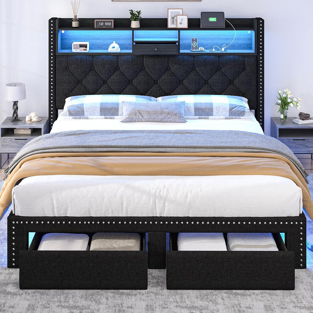Linen Full Size Bed Frame with 2-Tier Storage Headboard and Charging Station, Upholstered Platform Bed Frames with 2 Storage Drawers, Wooden Slats Support, No Box Spring Needed, Black