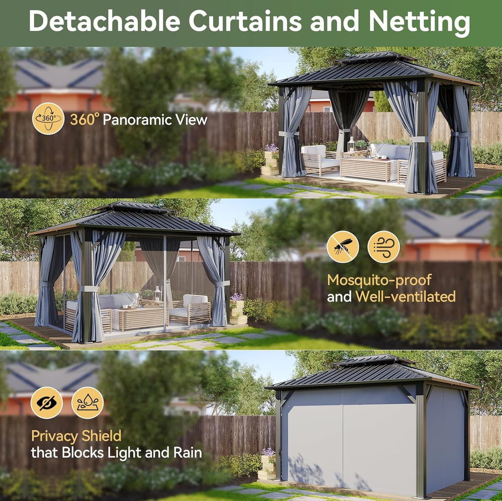 Aoxun 10x12 Gazebo Hardtop Gazebo with Double Galvanized Steel Roof Outdoor Pavilion with Breathable Netting and Privacy Curtain for Backyard (Gray)
