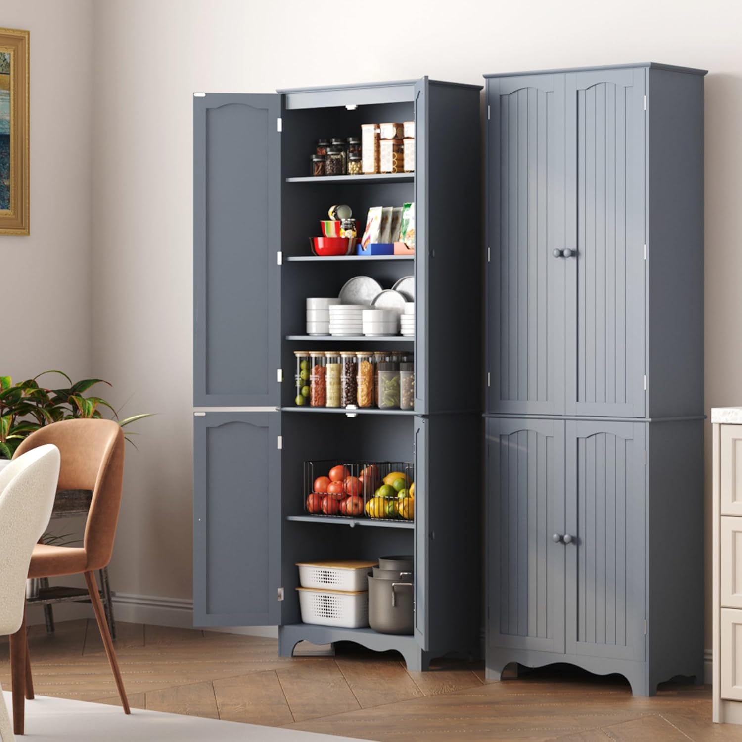 Function Home Tall Pantry Cabinet, Freestanding Storage Cabinet, Wooden Kitchen Pantry with 4 Doors and 5 Shelves, 72" Floor Cabinet Organizer for Kitchen Living Room Bathroom, Grey