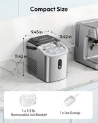 EUHOMY Ice Maker Countertop, Portable Ice Machine with Carry Handle, 26.5lbs Per Day, 9 Cubes in 6 Mins, Auto-Cleaning, with Basket and Scoop, for Home, Kitchen, Camping, RV (Silver)
