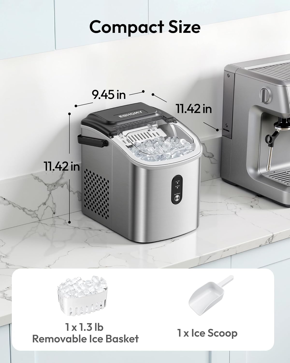 EUHOMY Ice Maker Countertop, Portable Ice Machine with Carry Handle, 26.5lbs Per Day, 9 Cubes in 6 Mins, Auto-Cleaning, with Basket and Scoop, for Home, Kitchen, Camping, RV (Silver)