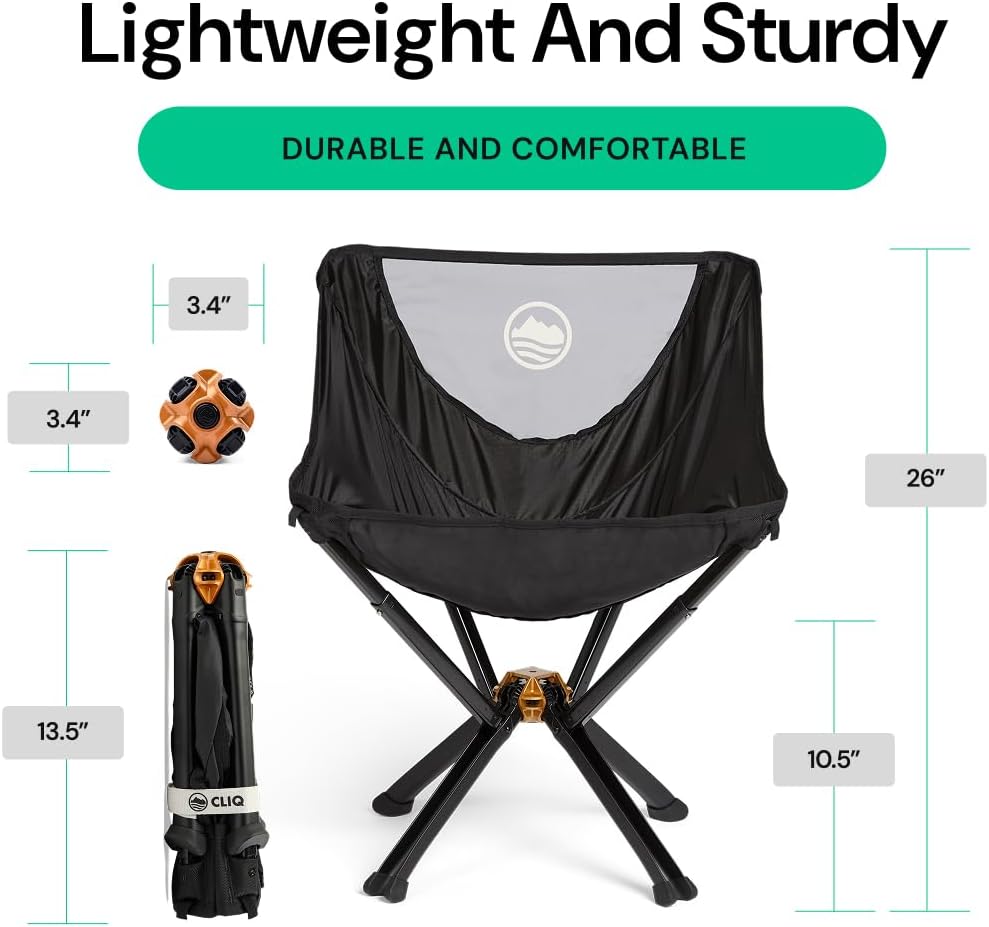 CLIQ Portable Chair Version ClassiQ 1.0 - Collapses to Size of Water Bottle - Lightweight Folding Chair for Camping - Outdoor Chair Supports 350 Lbs - Camp Chair Outdoor Adventures - Black