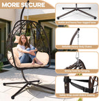 Egg Chair with Stand Outdoor Ratten Wicker Hanging Egg Chair Outdoor Indoor with Thickened Cushion Swing Chair Hammock for Patio Apartment Bedroom Garden Balcony (Brown Wicker+Khaki Cushion)