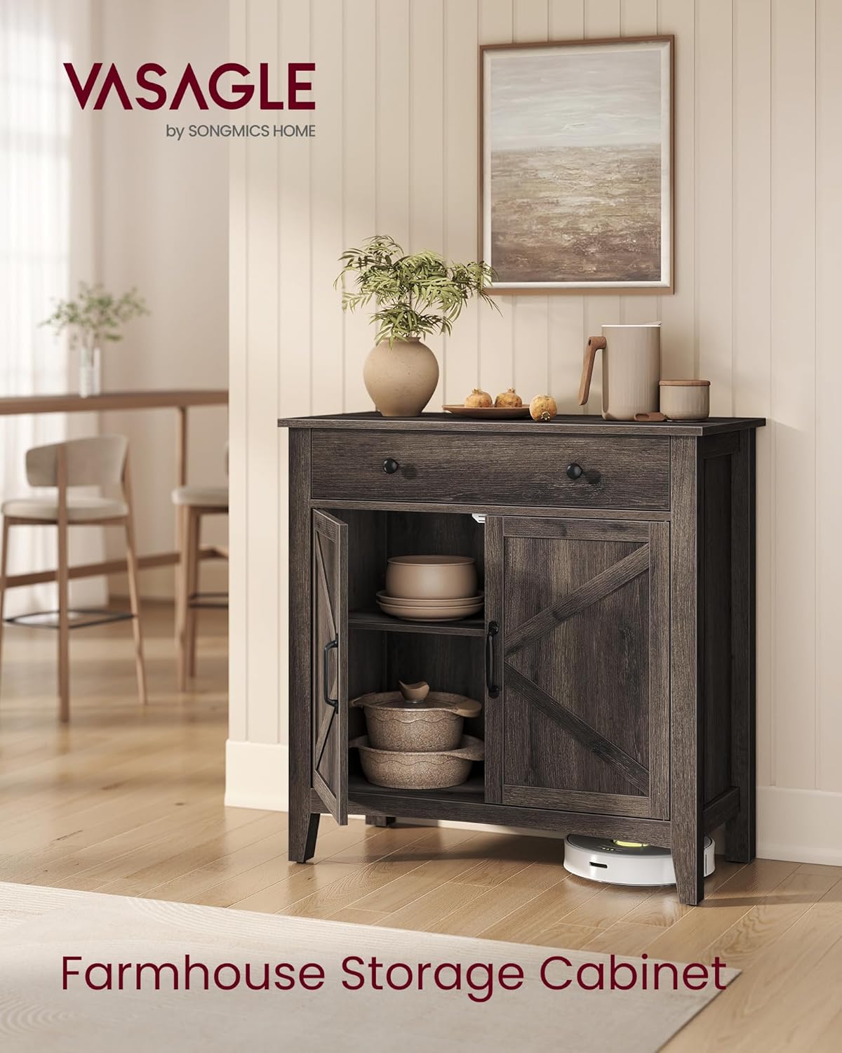 VASAGLE LIRY Collection - Buffet Cabinet, Coffee Bar Cabinet with a Drawer, Adjustable Shelf, Sideboard Storage with Cable Hole, Drawer Divider, Taupe Brown UBBK341TA01S
