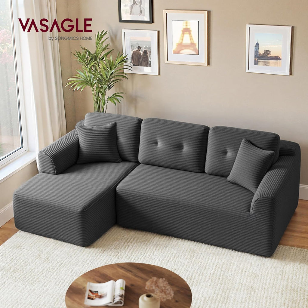 VASAGLE Boneless Couch, Modern Cloud Couch with Deep Seat, Corduroy Sofa for Living Room, Bedroom, Modular Sectional Sofa with Left-Facing Chaise, 108.3 Inches, Slate Gray ULCS181GN01