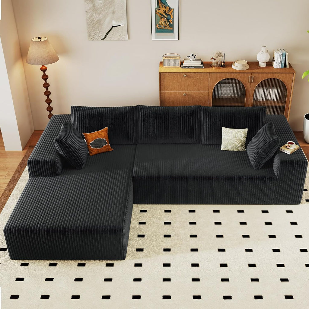 96" Modular Sectional Couch, Boneless L Shaped Cloud Sofa with Chaise Lounge, Corduroy Upholstered Couches Memory Foam Deep Seat, No Assembly Required, Ideal for Living Room(Black, Left Facing)