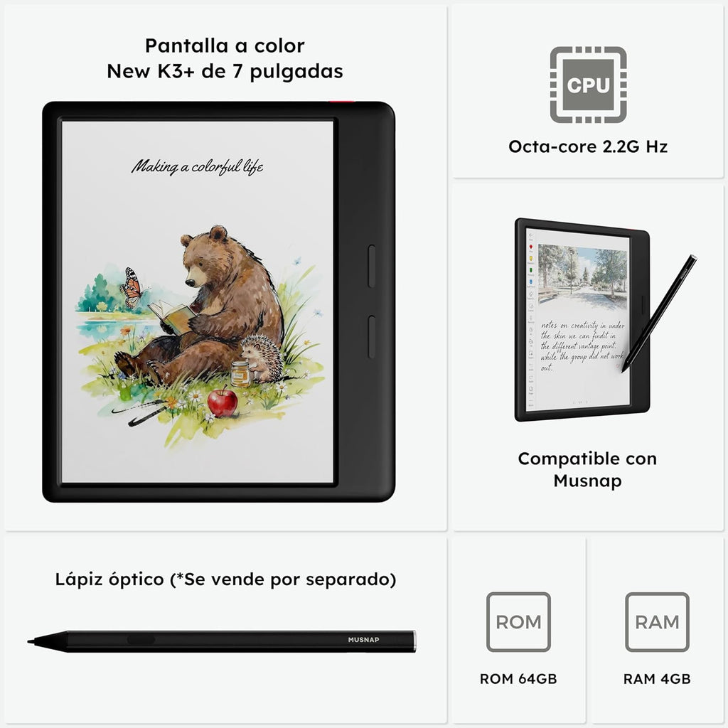 Ocean C 64GB+4GB 7” Color eBook Reader Supports Handwriting  7” Color E-Ink Paper Tablet with Long Battery Life for Reading and Writing (Not Included Musnap Stylus Pen)