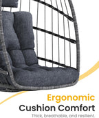 Hanging Egg Chair with Stand, Indoor Outdoor Wicker Patio Egg Swing Chair with Cushion for 350LBS Capacity, Hanging Hammock Chair for Bedroom, Garden, Porch - Dark Grey