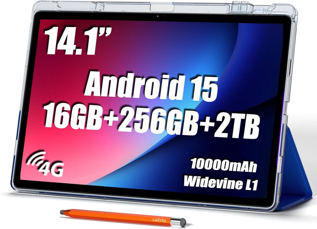 14 inch Large Screen Tablet  Android 15 Tablet 16GB RAM 256GB ROM  1920 * 1200 IPS FHD Display  Widevine L1  10000mAh 18W Charging  Wi-Fi & Bluetooth  4G LTE  with Stand Case & Stylus