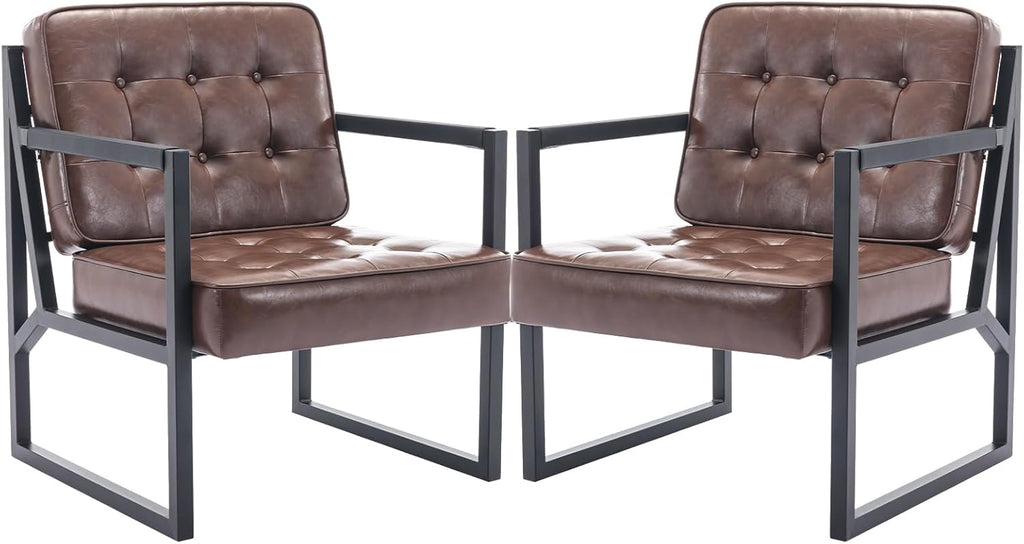 COLAMY Mid Century Modern Accent Chair Set of 2, Comfy Living Room Chair, Brown Leather Accent Chair, Faux Leather Reception Armchair with Metal Legs for Living Room Bedroom Reception Office, Brown
