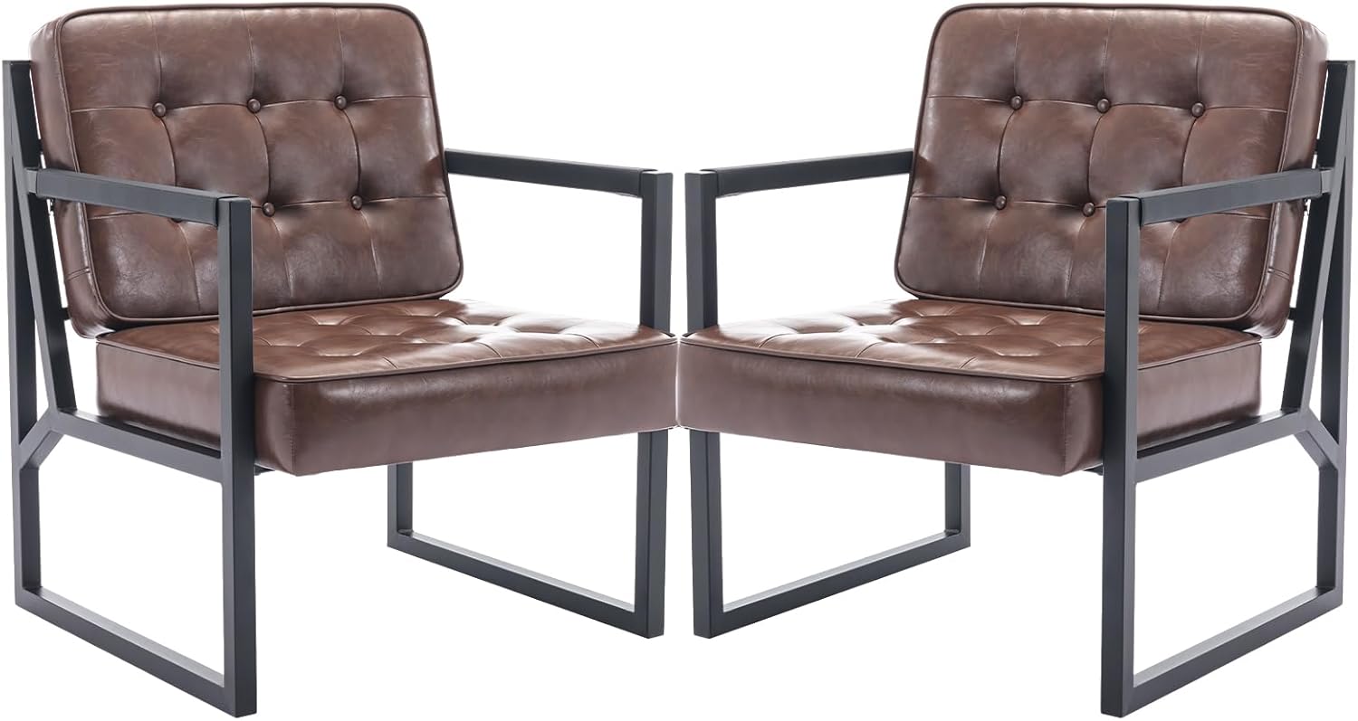 COLAMY Mid Century Modern Accent Chair Set of 2, Comfy Living Room Chair, Brown Leather Accent Chair, Faux Leather Reception Armchair with Metal Legs for Living Room Bedroom Reception Office, Brown