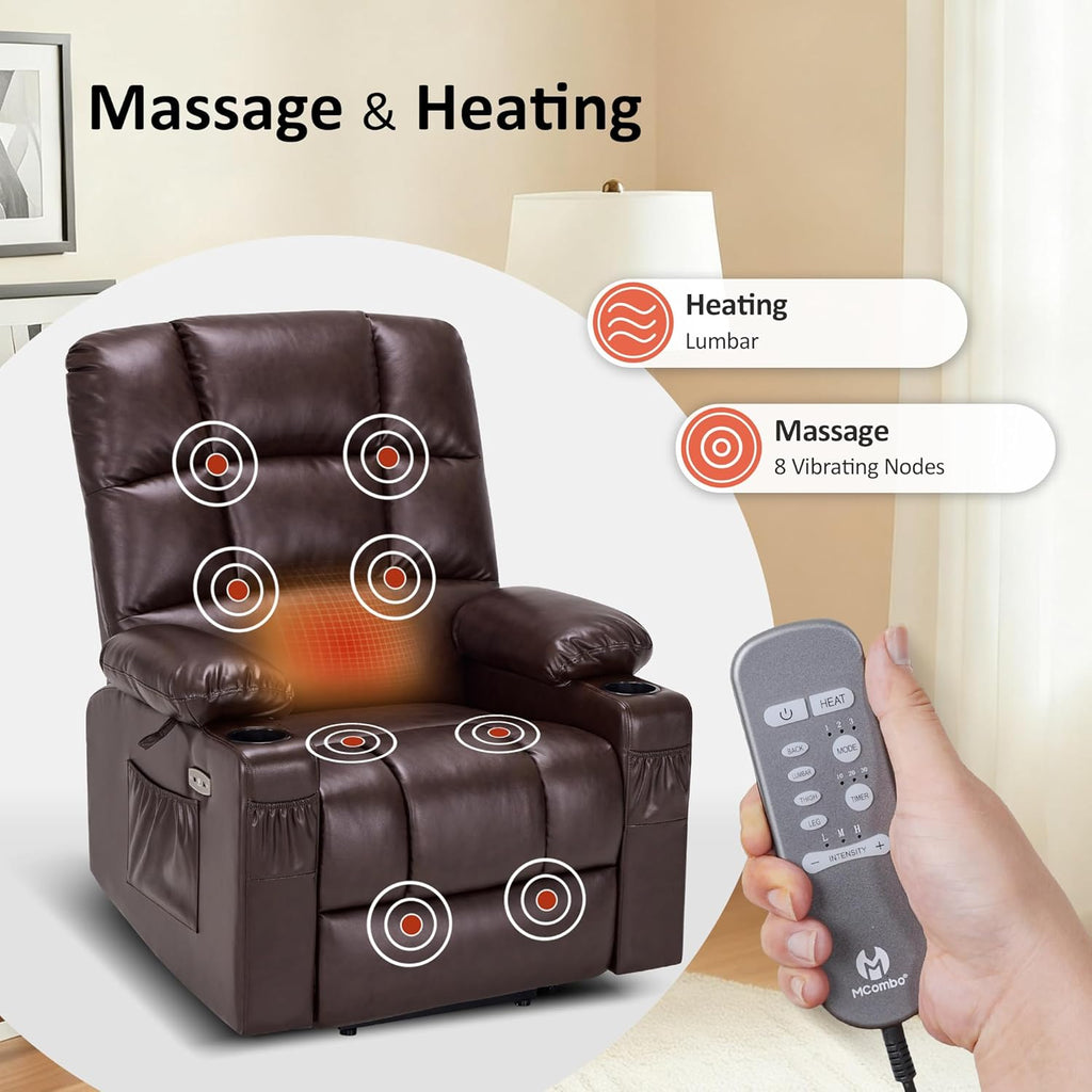 MCombo Large Dual Motor Power Lift Recliner Chair for Elderly, Massage and Heat, Lay Flat, Zero Gravity, Home Button, USB Port, Faux Leather 7680 (Dark Brown, Large)