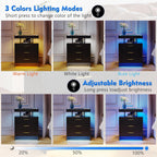 Lvifur 2 Set Nightstands with Wireless Charging Station for Bedroom, Auto Sensor 3 Color Dimmable LED End Table, Modern Bedside Table with 3 Drawers & 3 Open Compartments (2 x Black)