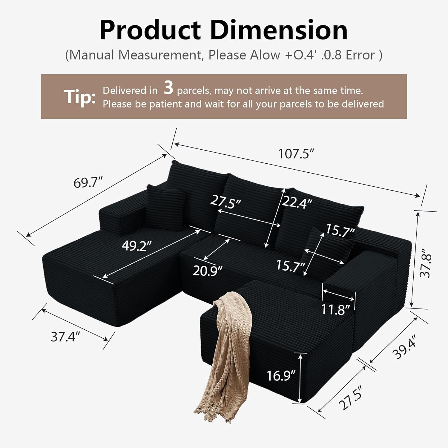 107" Cloud Modular Sectional Couches, Modern Convertible U Shaped Couch, 3 Seat Corduroy Comfy Deep Seat Sectional Sofa Oversize Deep Seat Sofa