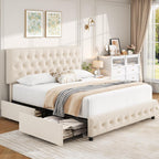 Keyluv Modern Upholstered Bed Frame with 4 Storage Drawers, Button Tufted Headboard Design, Solid Wooden Slat Support, Easy Assembly, Soft Velvet, Beige, King Size