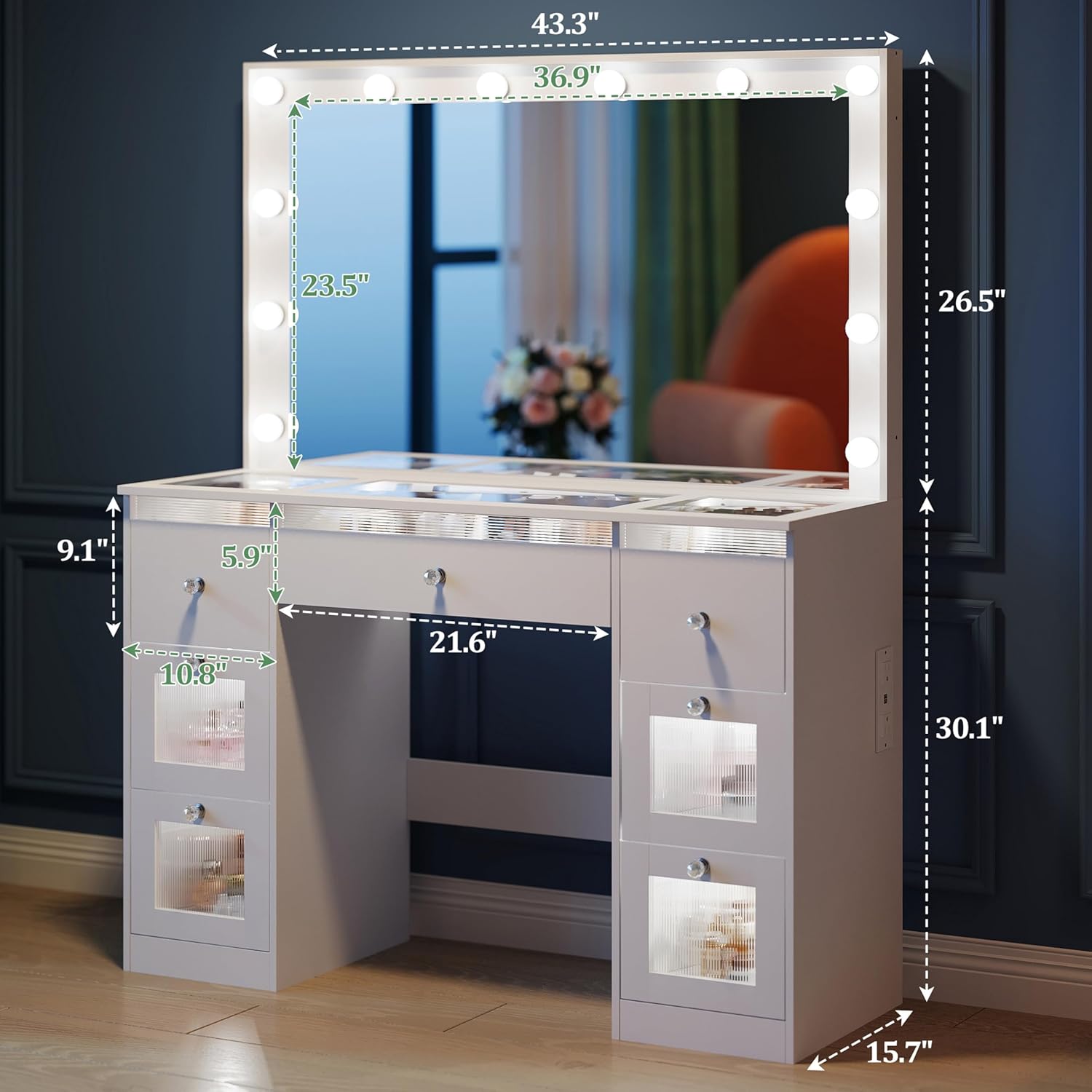 Vanity Desk with Mirror and Lights 3 Colors, Glass Top Vanity with 7 Lighted Drawers & Power Outlet, Makeup Desk with Mirror for Women, Dressing Table for Bedroom, White