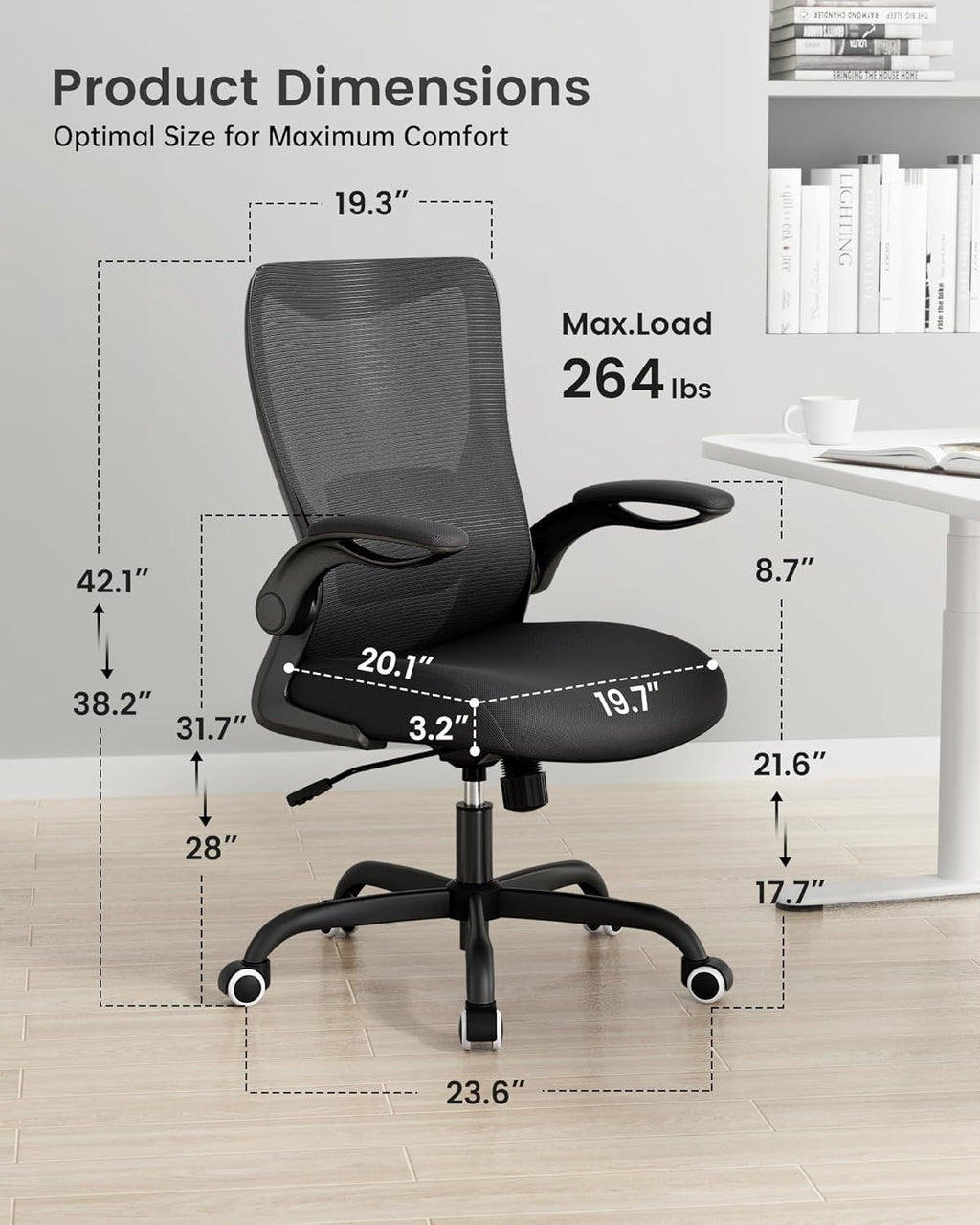 MUXX.STIL Office Chair, Ergonomic Desk Chair with Adjustable Lumbar Support and Flip up Armrest, Breathable Mesh Computer Chair for Home Office, Black