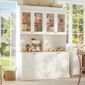Vyre 71" Farmhouse Kitchen Pantry Cabinet Set of 2, White Freestanding Coffee Bar Hutch with Glass Doors & Adjustable Shelves, Large Storage Cabinet with Microwave Stand for Living Room & Kitchen