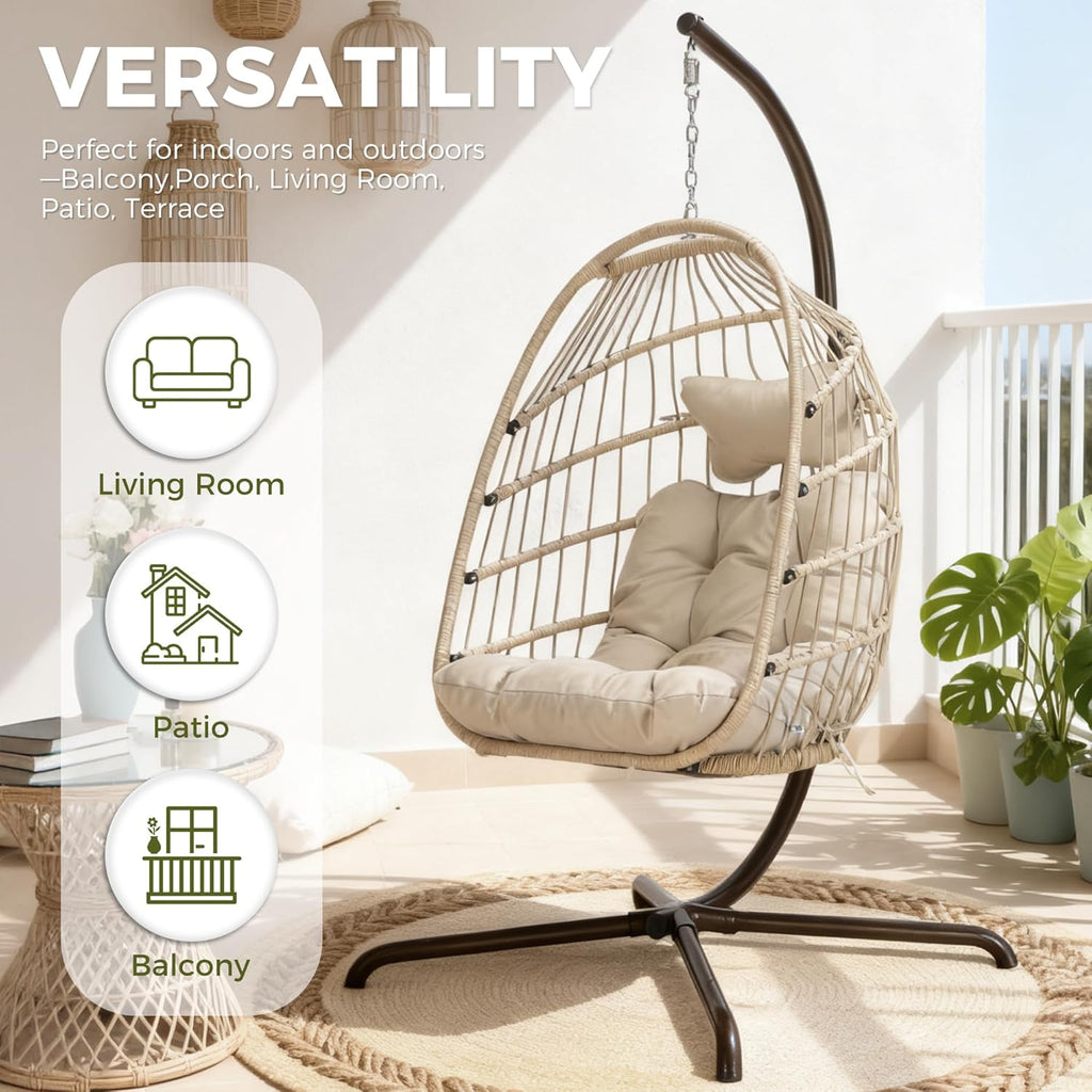 RADIATA Outdoor Swing Egg Chair with Stand, 350Lbs Heavy-Duty Wicker Egg Hanging Patio Chairs for Outside, Comfy Porch Swinging Chair with Thick Cushion Balcony Backyard Bedroom Indoor, Beige