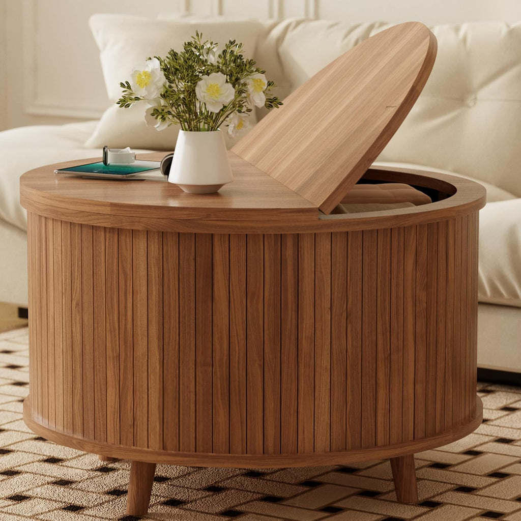 Easyego Fluted Round Coffee Table with Hidden Storage, 31.5" Mid-Century Modern Wood Drum Table for Living Room, Small Space Apartment Furniture, Walnut