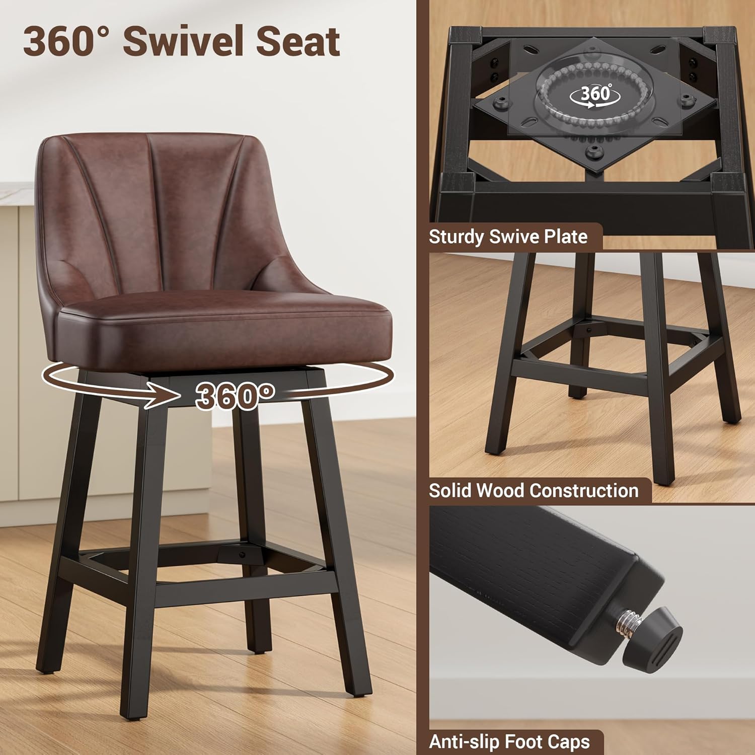 Swivel Bar Stools with Backs, 26" Counter Height Bar Stools Set of 4, Modern Leather Extra Upholstered Counter Barstools with Square Solid Wood Legs for Kitchen Island, Dining Room, Brown