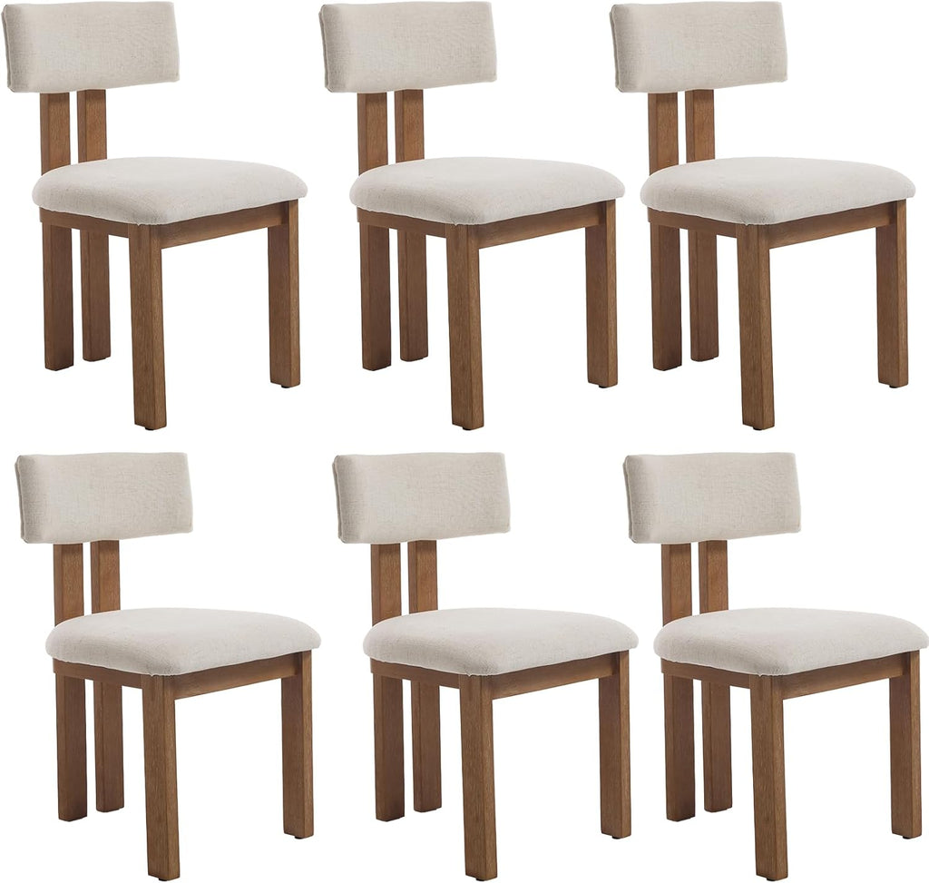 Kmax Farmhouse Dining Chair Set of 6, Linen Fabric Kitchen Chair Curved Back Armless Dining Room Chairs with Walnut Wood Legs for Family Diner, White