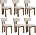 Kmax Farmhouse Dining Chair Set of 6, Linen Fabric Kitchen Chair Curved Back Armless Dining Room Chairs with Walnut Wood Legs for Family Diner, White