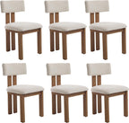 Kmax Farmhouse Dining Chair Set of 6, Linen Fabric Kitchen Chair Curved Back Armless Dining Room Chairs with Walnut Wood Legs for Family Diner, White