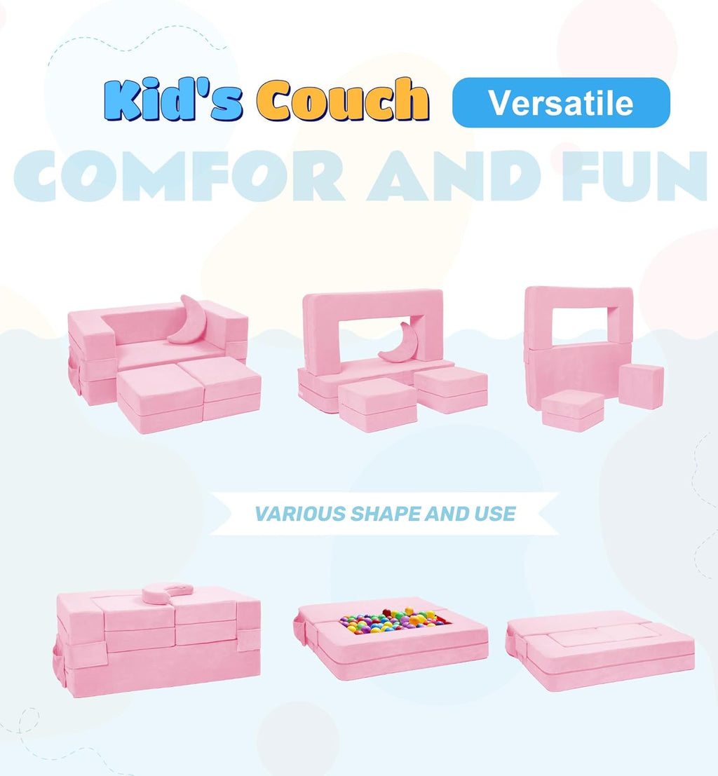 Elftopia Modular Kids Sofa,Toddler Couch Foam Armchair for Kids, Children Convertible Plush Sofa Play Set,Fold Out SofaBed(Pink)