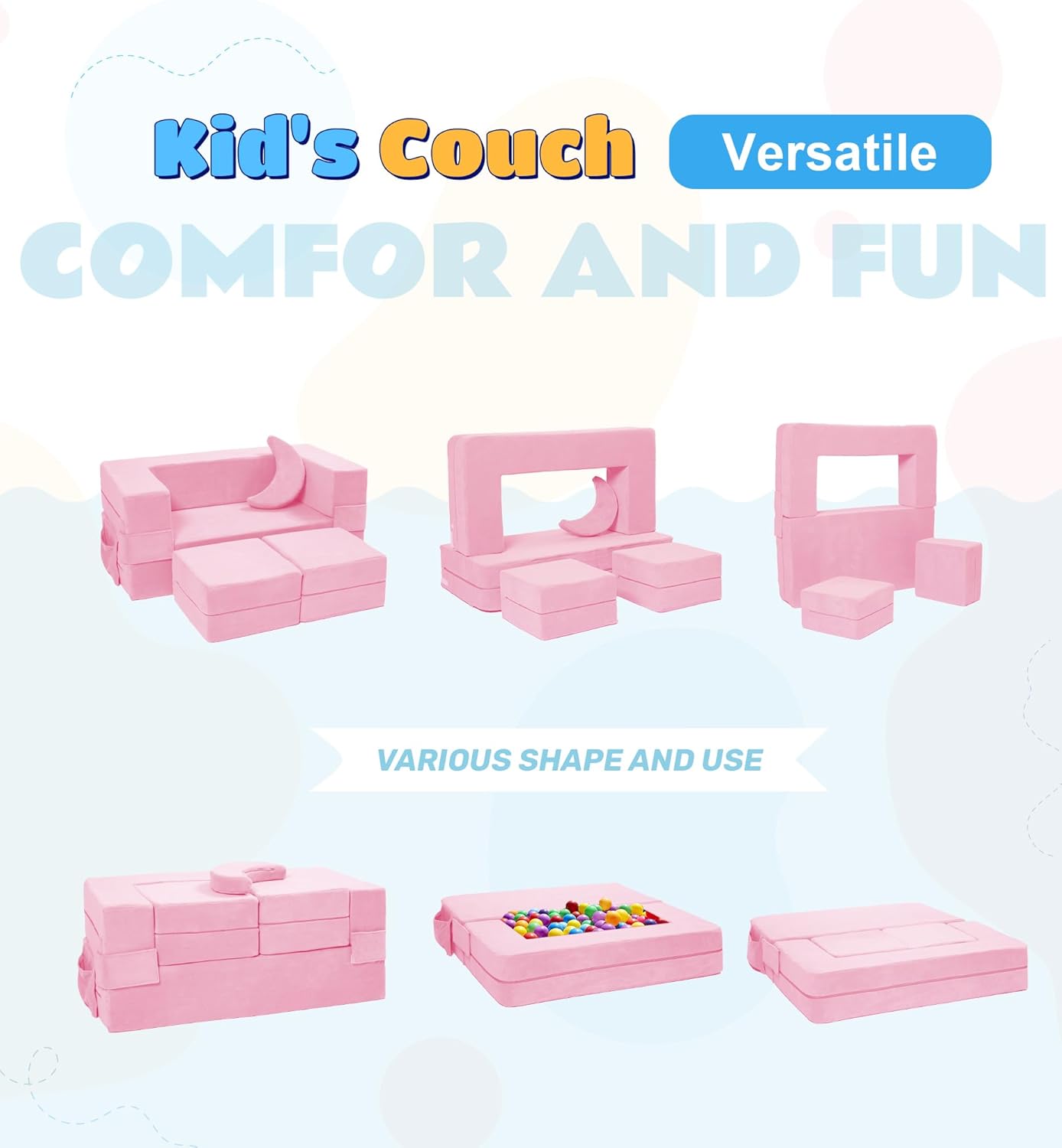Elftopia Modular Kids Sofa,Toddler Couch Foam Armchair for Kids, Children Convertible Plush Sofa Play Set,Fold Out SofaBed(Pink)